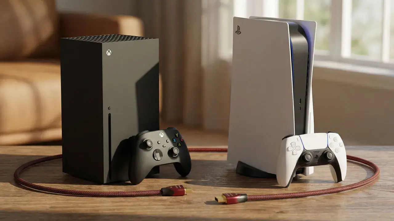 Xbox Series X und PlayStation 5 mit Controllern und HDMI 2.0 120Hz Kabeln für ultimatives Gaming-Erlebnis.