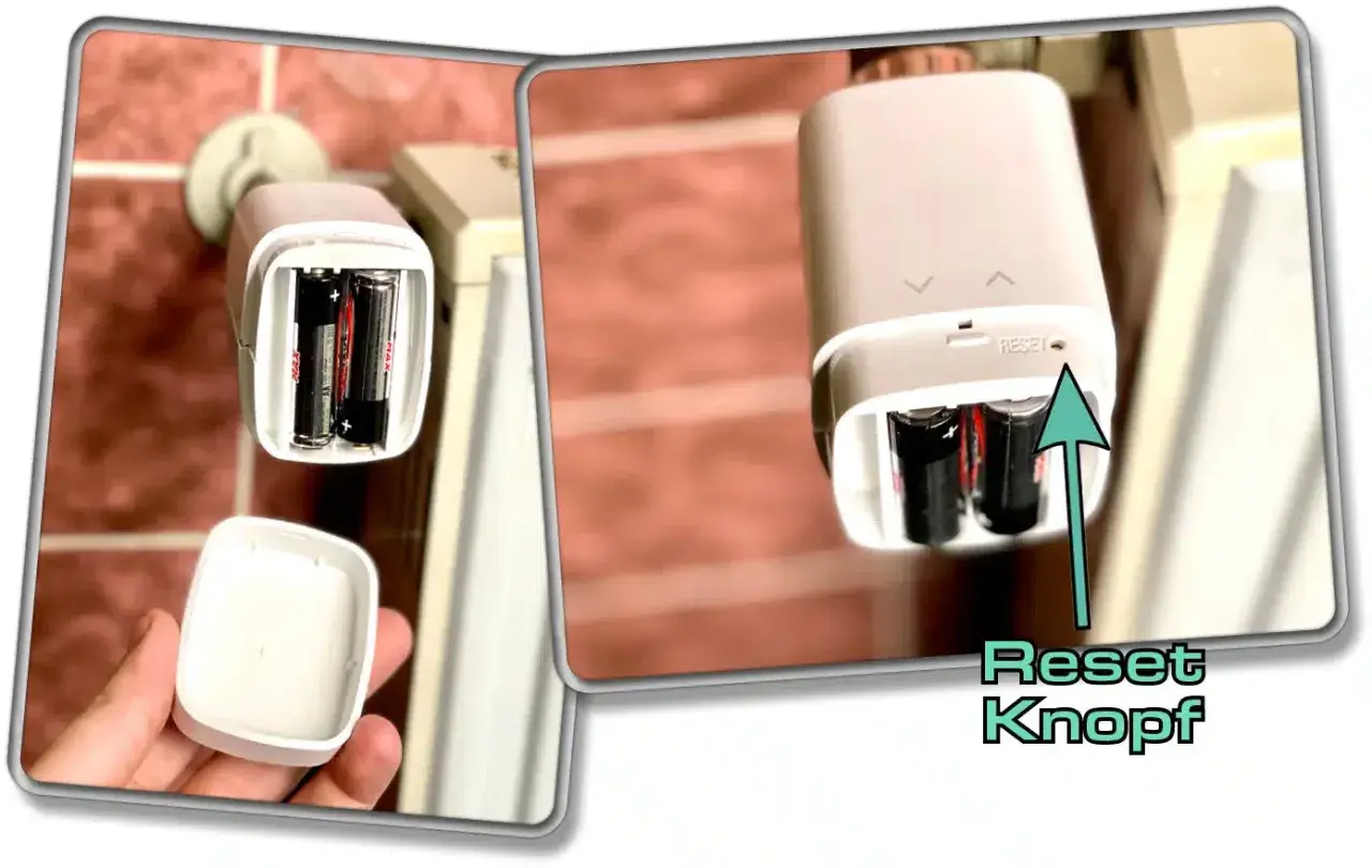 Batteriefach des eve thermo, daneben der Reset Knopf.