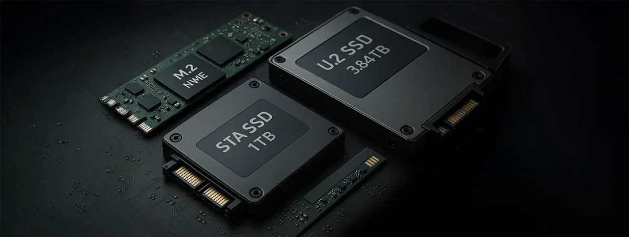 Verschiedene SSD-Formfaktoren: M.2 NVMe, SATA SSD 1TB und U.2 SSD 3.84TB auf dunklem Hintergrund.