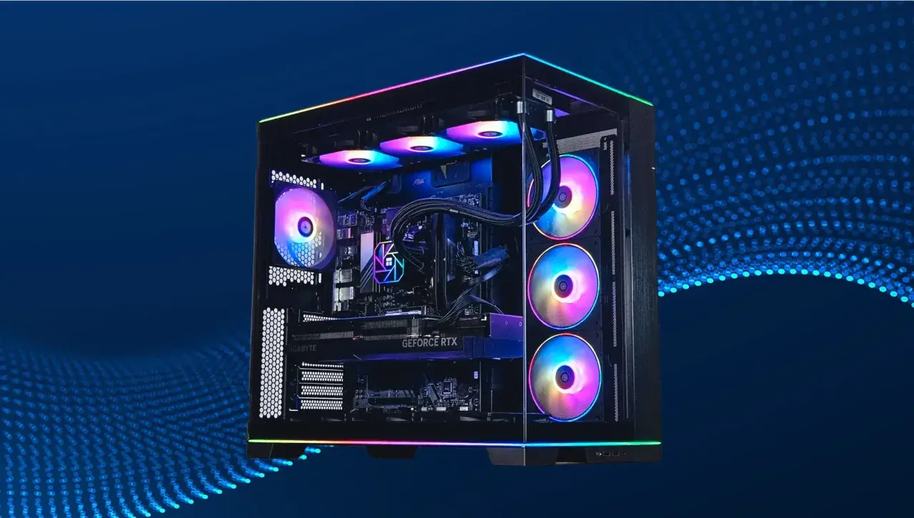 Gaming PC mit RGB-Lüftern und GeForce RTX-Grafikkarte. Die Frage "wie viel Watt Netzteil Gaming PC" wird durch die leistungsstarke Hardware aufgeworfen.