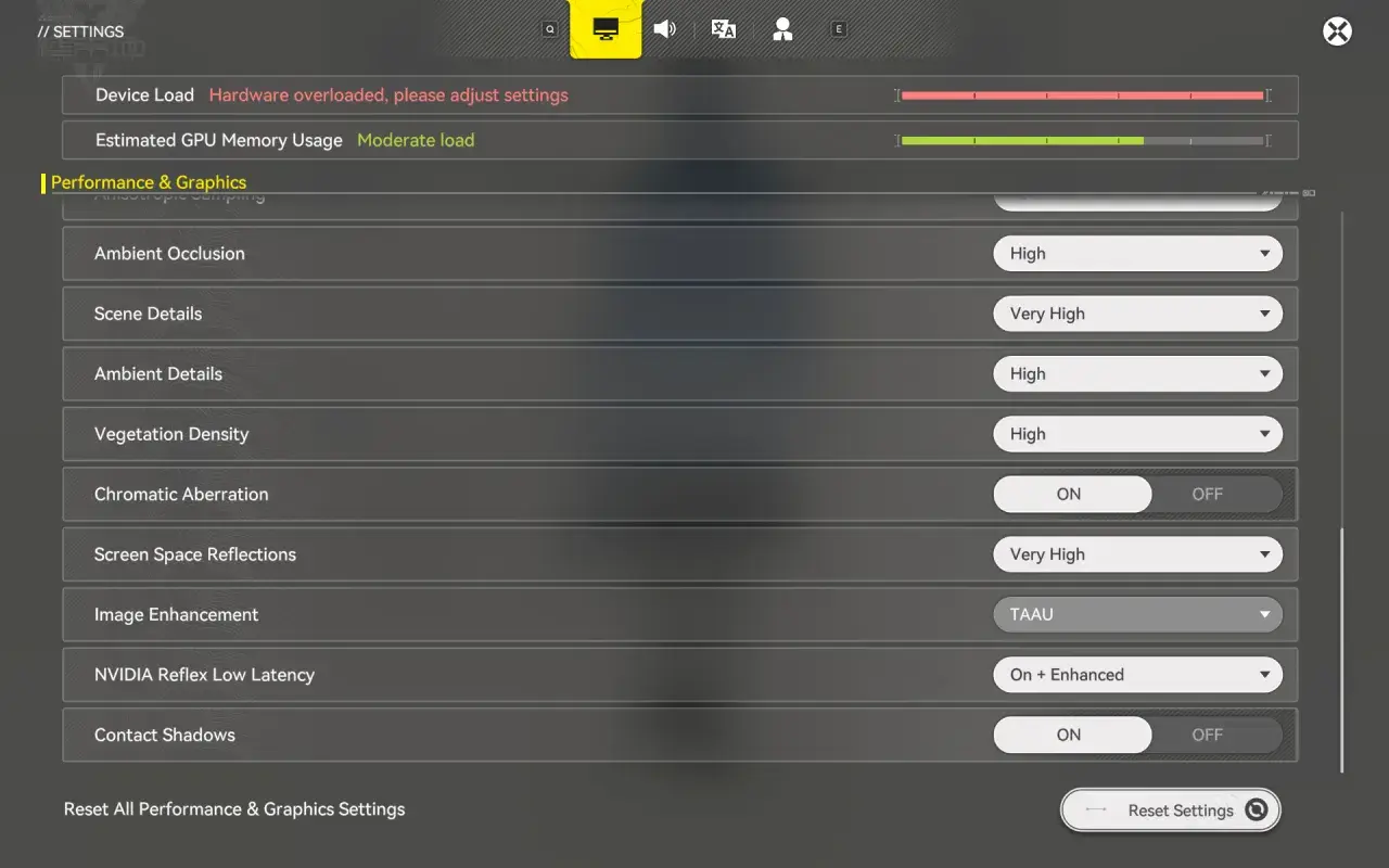 Grafikeinstellungen: Hardware überlastet, GPU-Auslastung moderat. Optionen wie Ambient Occlusion, Scene Details, NVIDIA Reflex Low Latency. Ein Nvidia driver rollback könnte helfen.