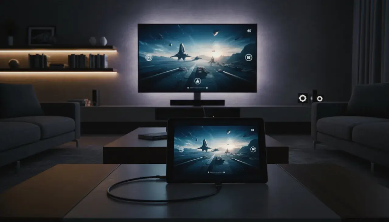 Tablet mit TV verbinden HDMI geht nicht. Das Bild zeigt ein Wohnzimmer mit einem großen Fernseher und einem Tablet, beide zeigen dasselbe Spiel.