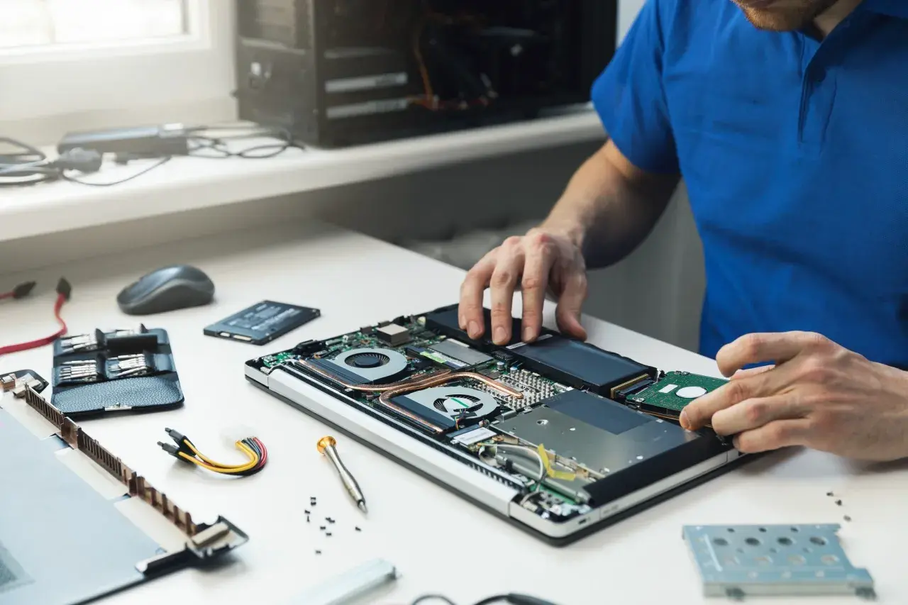 Mann baut Festplatte in Laptop ein. Ein Upgrade für mehr Speicherplatz.