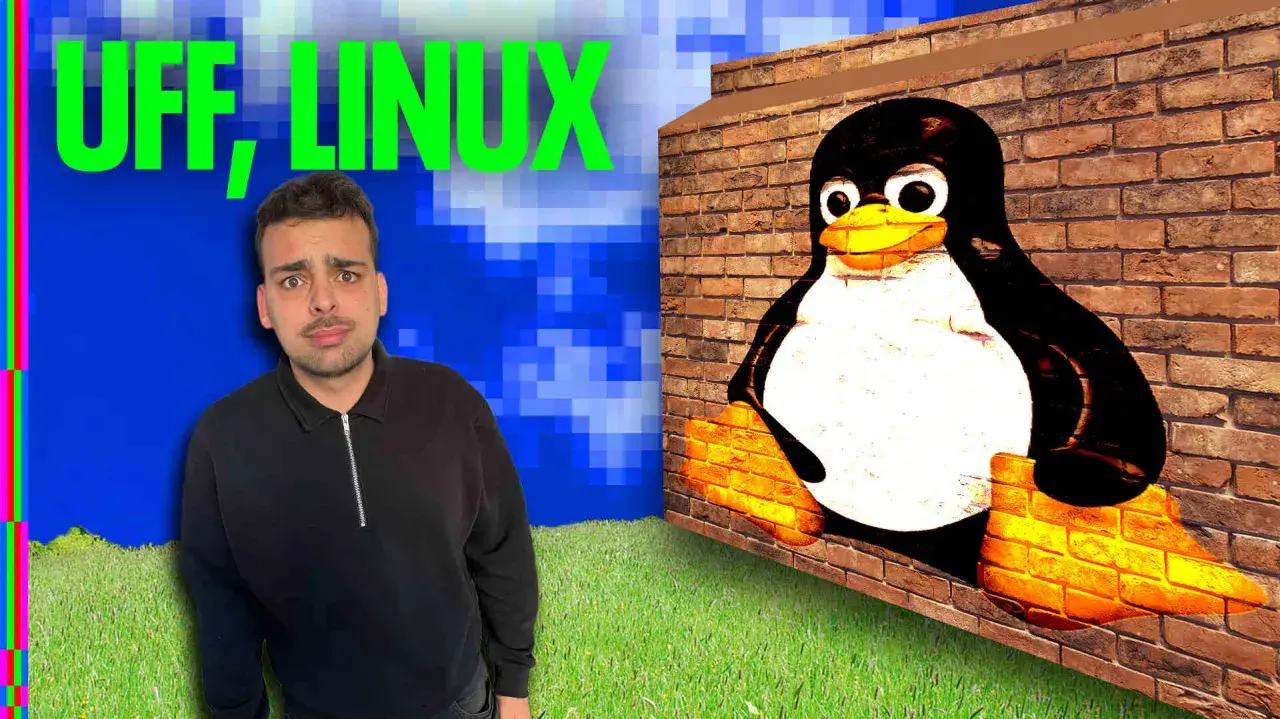 Mann mit fragendem Blick neben Tux, dem Linux-Maskottchen, das aus einer Ziegelwand lugt. Ist Linux kostenlos?