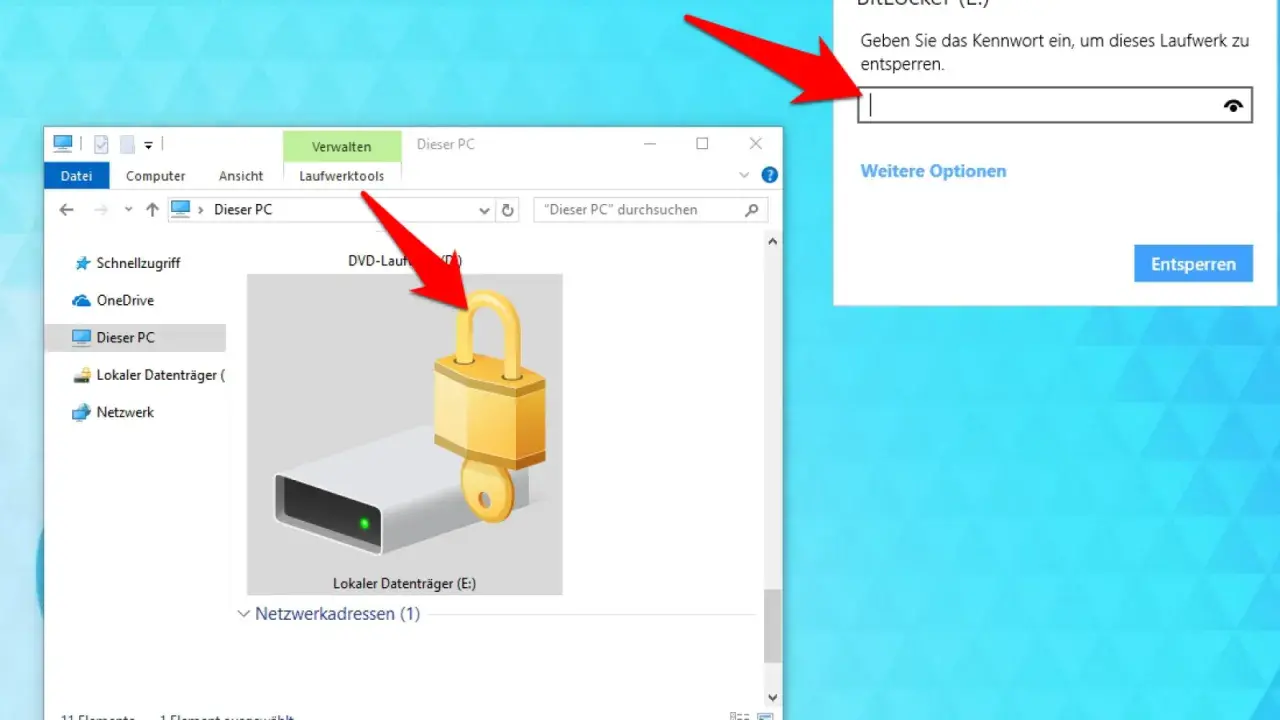 Fenster mit einem Vorhängeschloss-Symbol, das einen Datenträger darstellt. Ein Pop-up-Fenster fragt nach dem Passwort, um das Laufwerk zu entsperren. Dies zeigt, wie man unter Windows einen ordner sperren kann.