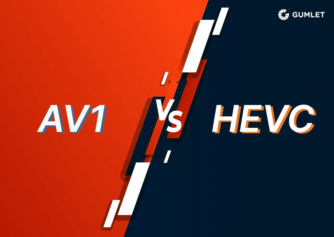 AV1 vs HEVC: Ein visueller Vergleich der Videocodecs. Links AV1 auf rotem Hintergrund, rechts HEVC auf dunkelblauem.