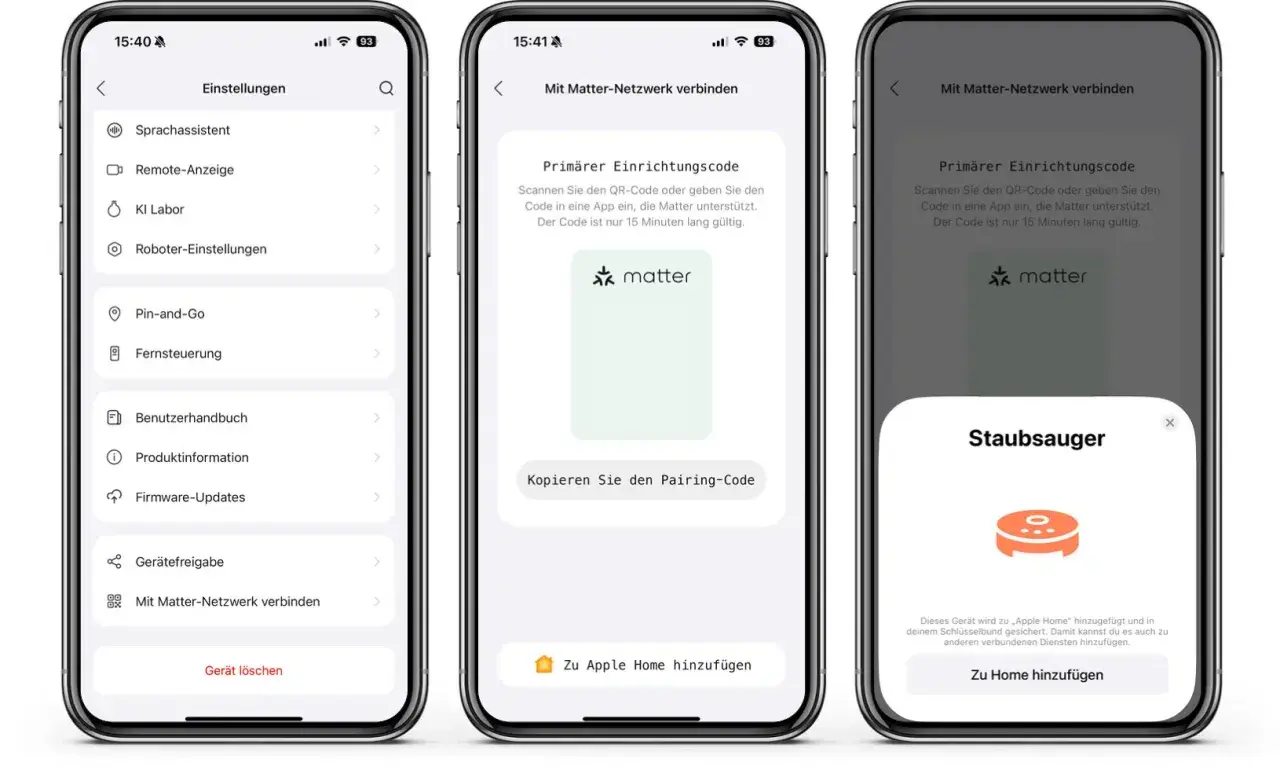 Roborock-Staubsauger wird mit dem Matter-Netzwerk verbunden. Ein QR-Code wird angezeigt, um die Einrichtung zu erleichtern.