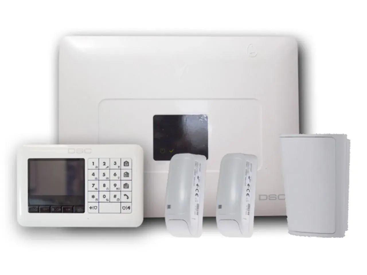 Ein weißes DSC-Alarmsystem mit Tastatur, Hauptpanel und Bewegungsmeldern.