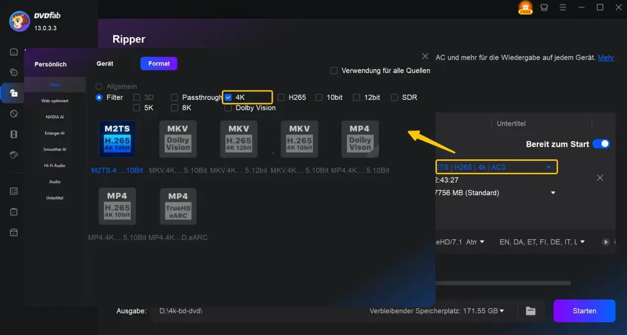 DVDFab Ripper: 1080p Video-Formatierung mit 4K-Optionen. Hier wird ein 4K-Video für die Wiedergabe vorbereitet.