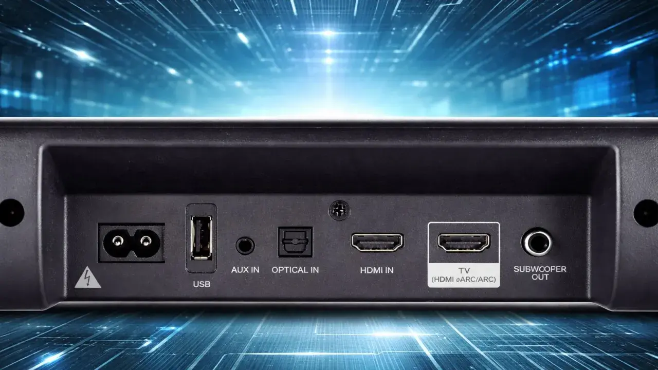 Rückseite einer Soundbar mit Anschlüssen: USB, AUX IN, OPTICAL IN, HDMI IN und TV (HDMI eARC/ARC) für beste Audioqualität.