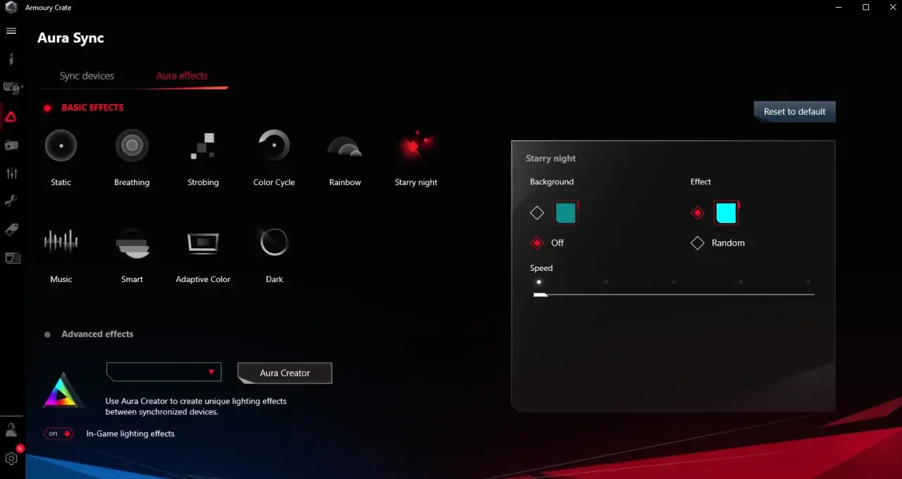 ASUS Aura Sync: Steuerung für RGB-Effekte wie "Starry Night" mit Farb- und Geschwindigkeitsanpassung.