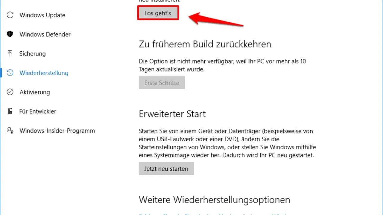 Windows-Einstellungen: Wiederherstellung. "Los geht's" für frühere Builds ist nicht verfügbar. Erweiterter Start für Windows-Werkseinstellungen.