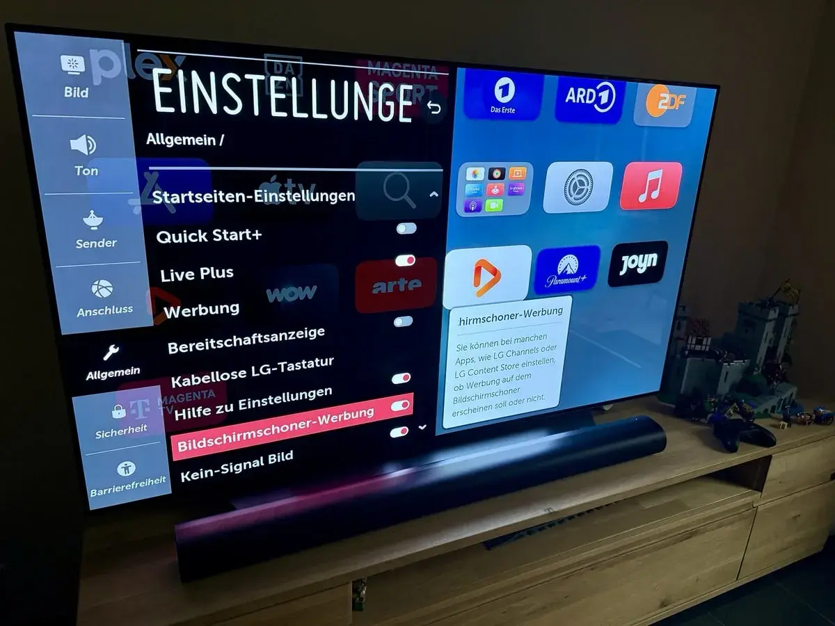 LG TV-Einstellungen: "Bildschirmschoner-Werbung" ist ausgewählt. Hier kann man einstellen, ob Werbung auf dem Bildschirmschoner erscheinen soll.