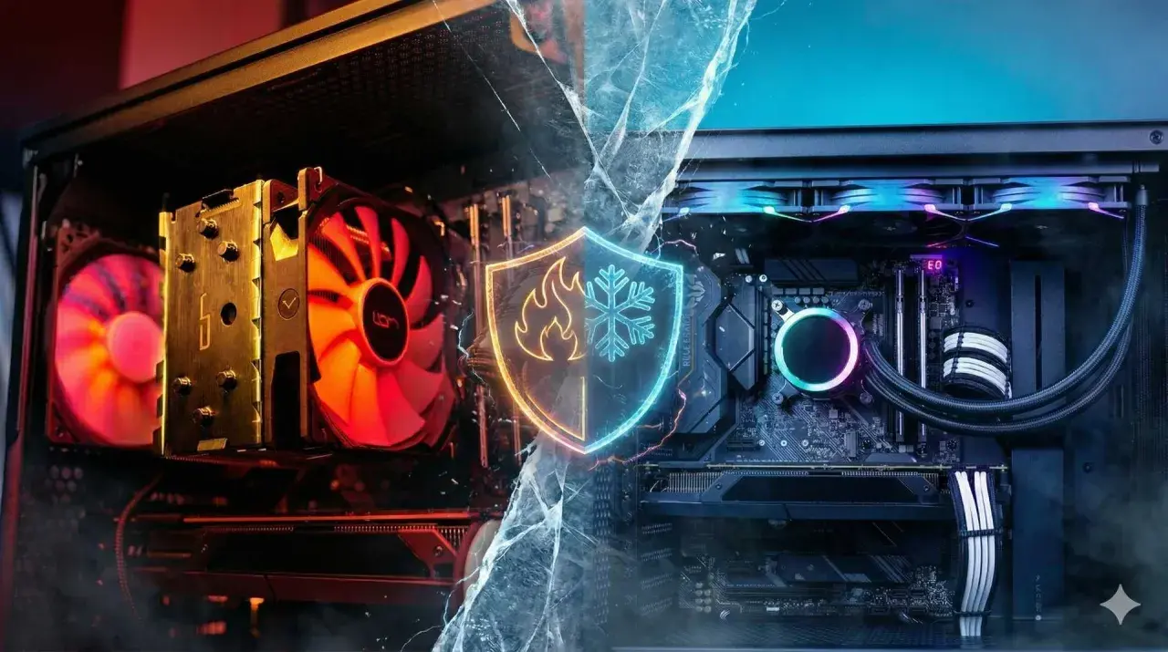 Vergleich: AIO vs. Air Cooler. Links ein PC mit einem großen Air Cooler, rechts ein PC mit einer AIO-Wasserkühlung. Ein Schild mit Flamme und Schneeflocke trennt die beiden Systeme.