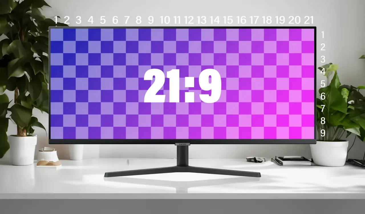 Breiter Monitor mit Schachbrettmuster und "21:9" Schriftzug. Vergleicht das Seitenverhältnis 21:9 vs 16:9.