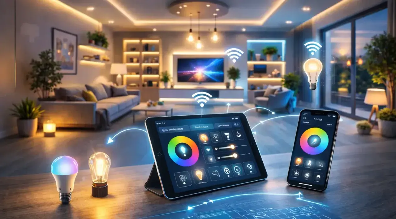 Ein Tablet und Smartphone steuern das Licht im Wohnzimmer. So einfach lässt sich ein **smart home einrichten**.