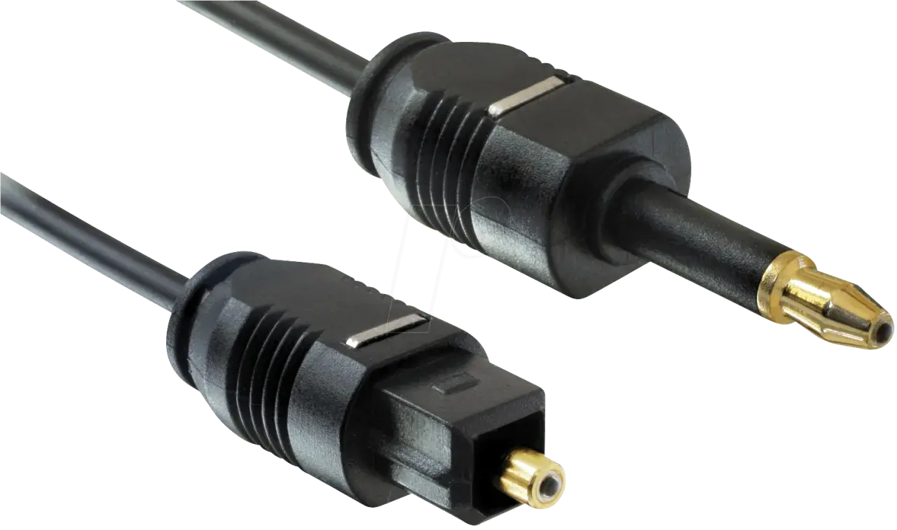 Zwei Toslink-Stecker, die die optischen Kabelunterschiede verdeutlichen. Einer mit goldener Spitze, der andere mit rechteckigem Anschluss.