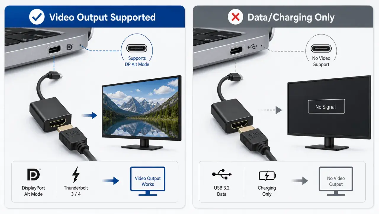 Links: Laptop mit DisplayPort Alt Mode und Thunderbolt 3/4 unterstützt Videoausgabe. Rechts: USB 3.2 Daten/Laden ohne Video. HDCP ist hier nicht das Thema.
