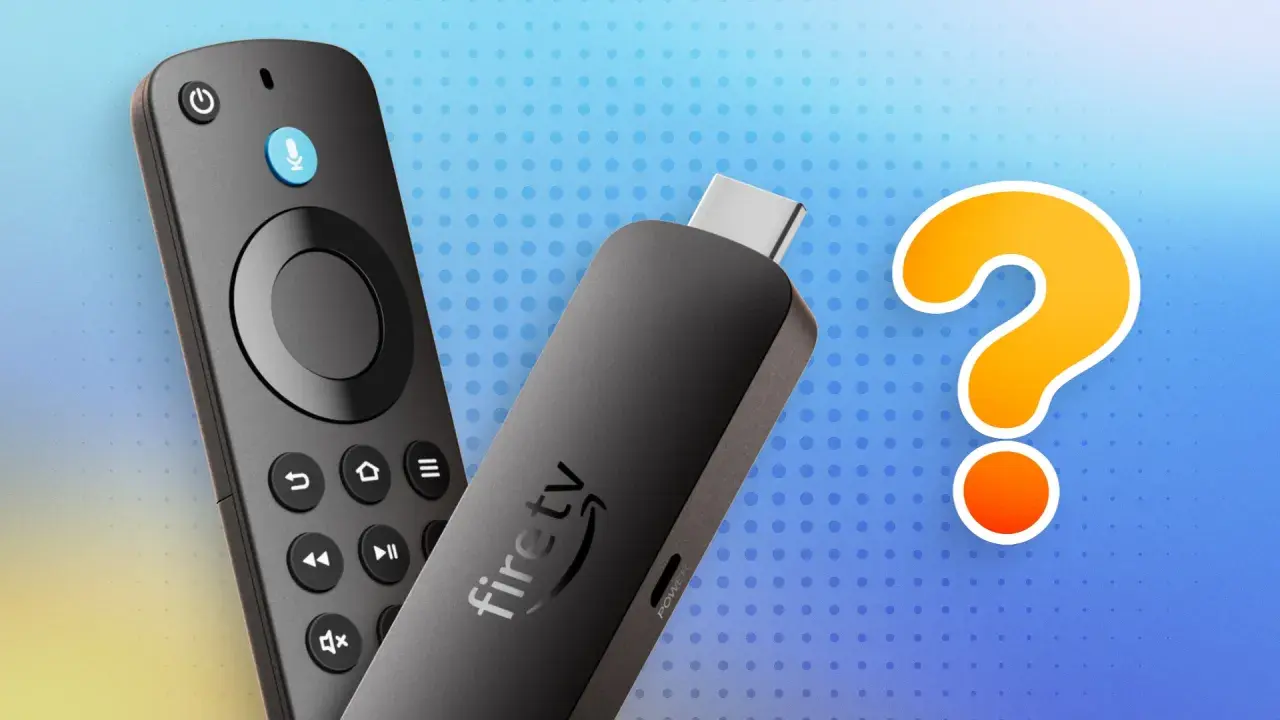 Fire TV Stick und Fernbedienung vor einem blauen Hintergrund mit einem großen Fragezeichen. Ist das die Zukunft des Streamings mit vega os?