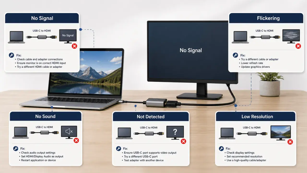 Fehlerbehebung: Wenn USB-C auf HDMI nicht funktioniert, werden Probleme wie "Kein Signal", "Kein Ton", "Nicht erkannt", "Flimmern" oder "Niedrige Auflösung" angezeigt.
