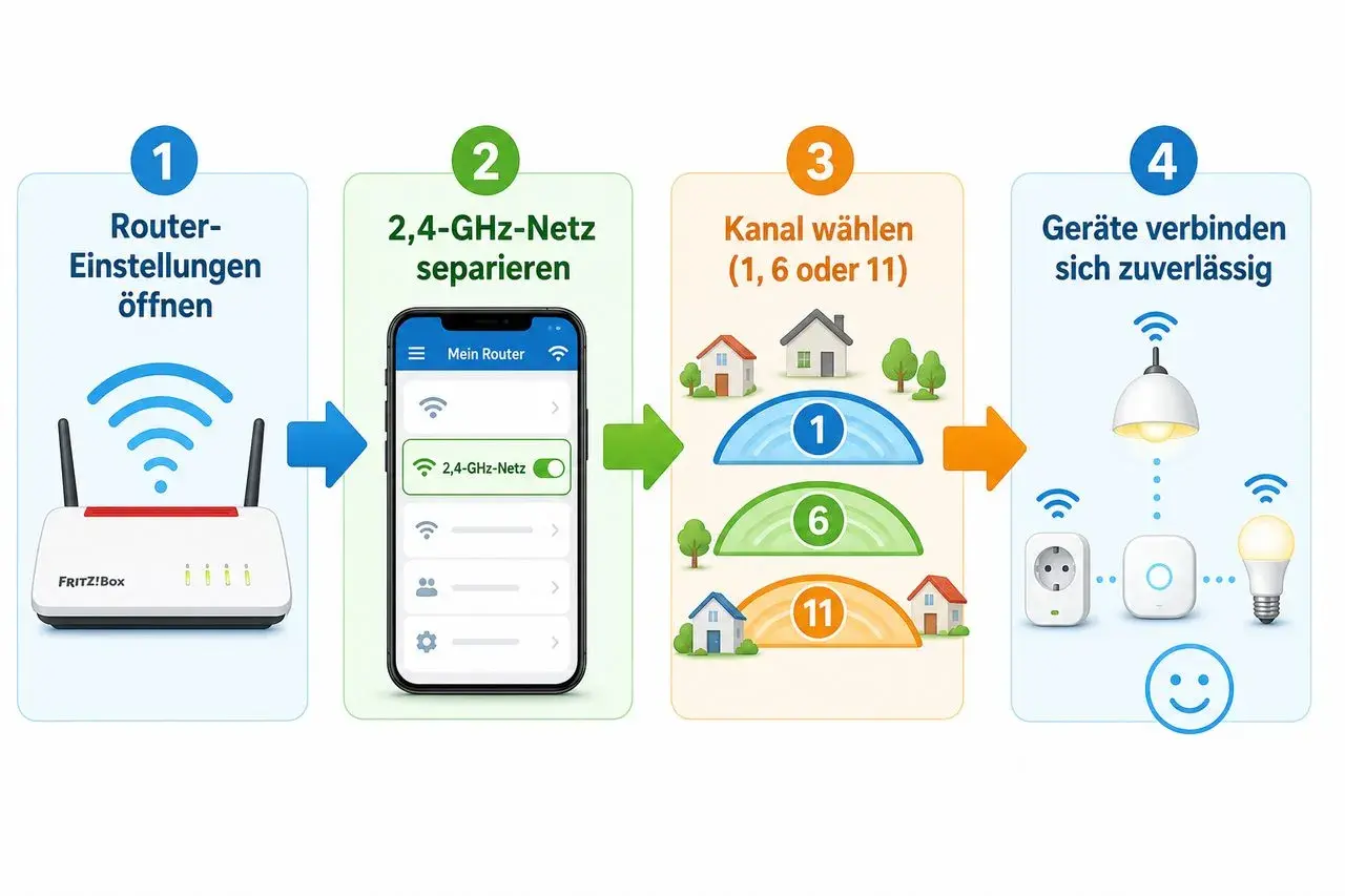 Schritt-für-Schritt-Anleitung zur Optimierung der zigbee frequenz: Router-Einstellungen öffnen, 2,4-GHz-Netz separieren, Kanal wählen (1, 6 oder 11) für zuverlässige Geräteverbindung.