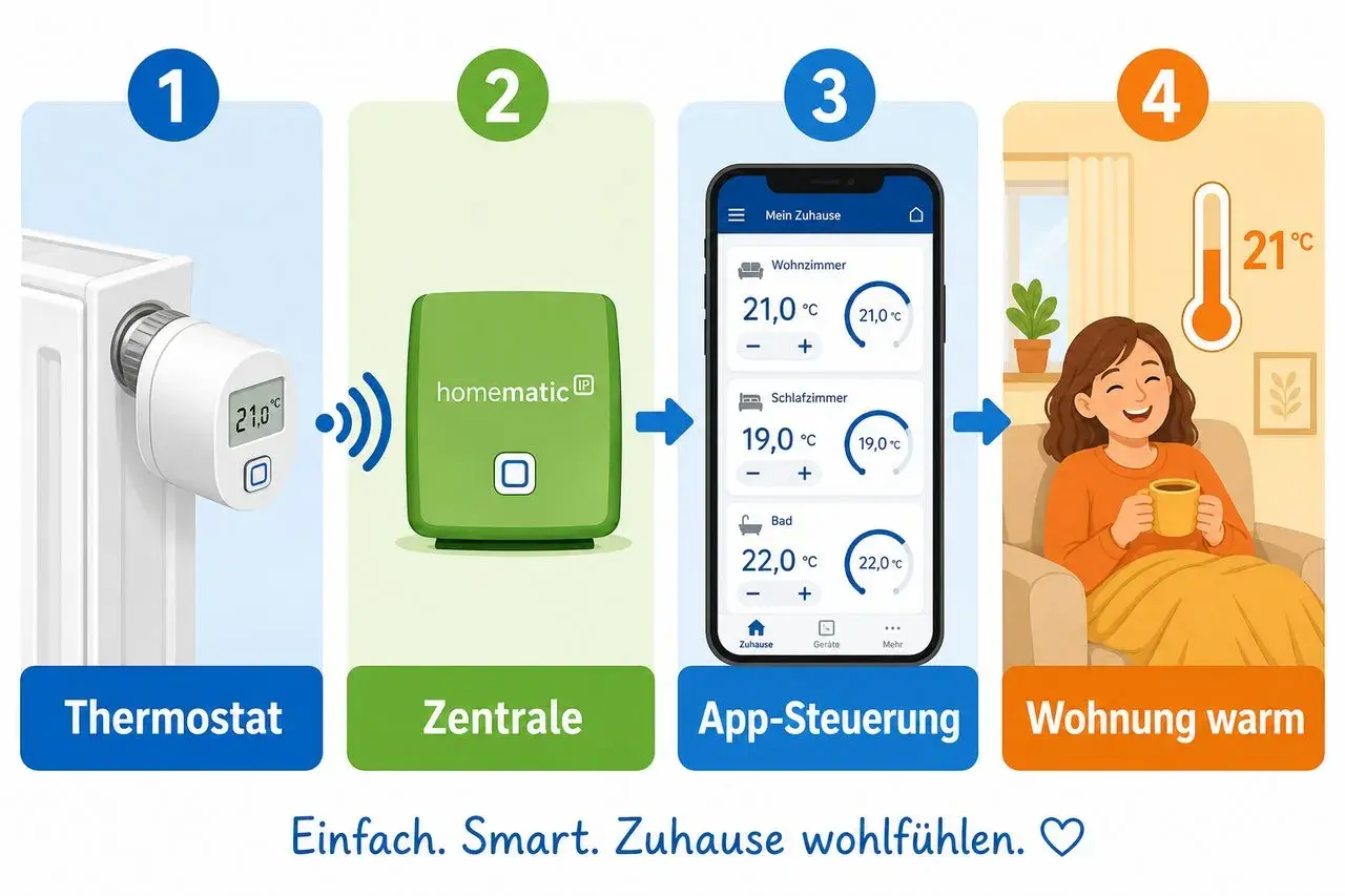 Homematic IP Thermostat, Zentrale, App-Steuerung für Google Home. So wird die Wohnung warm und gemütlich.