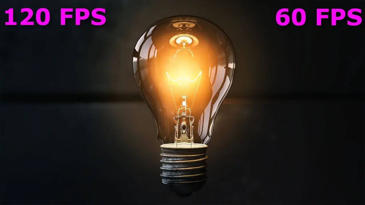 Glühende Glühbirne im Dunkeln, mit Texten "120 FPS" und "60 FPS". Ein Vergleich der Bildraten, der die Flüssigkeit der Bewegung zeigt.