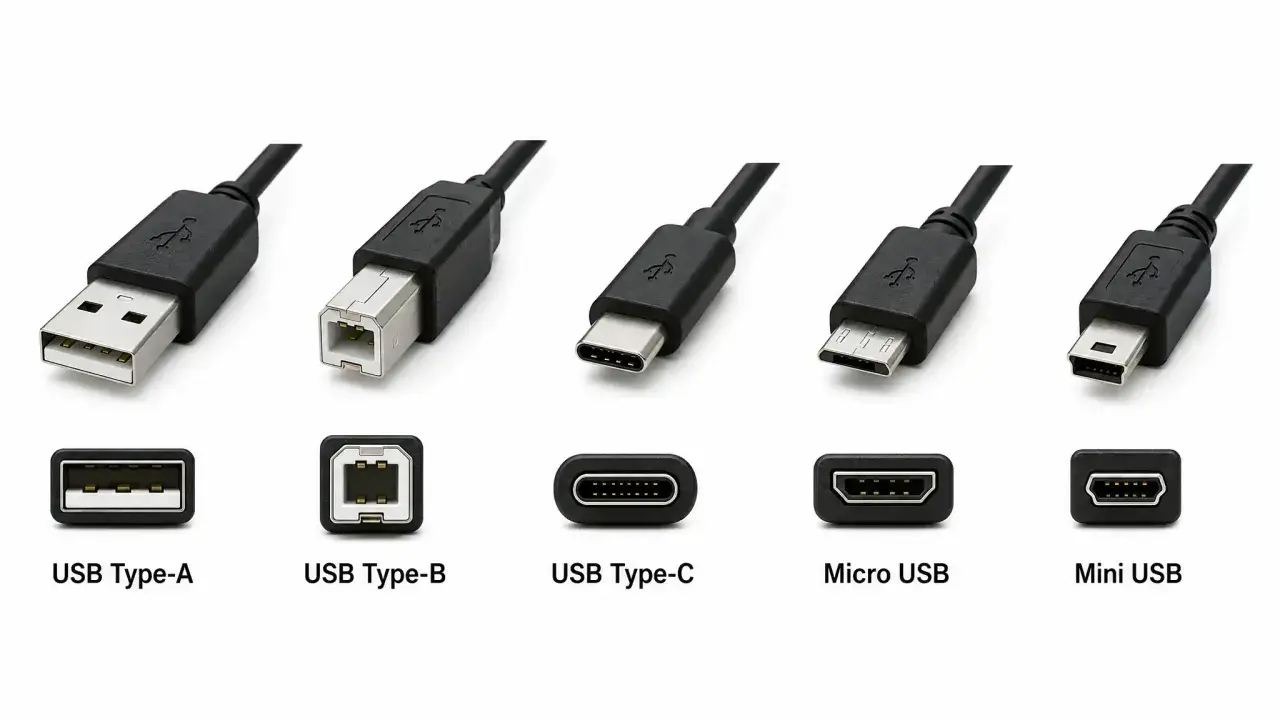 Verschiedene welche USB Stecker: Type-A, Type-B, Type-C, Micro USB und Mini USB.