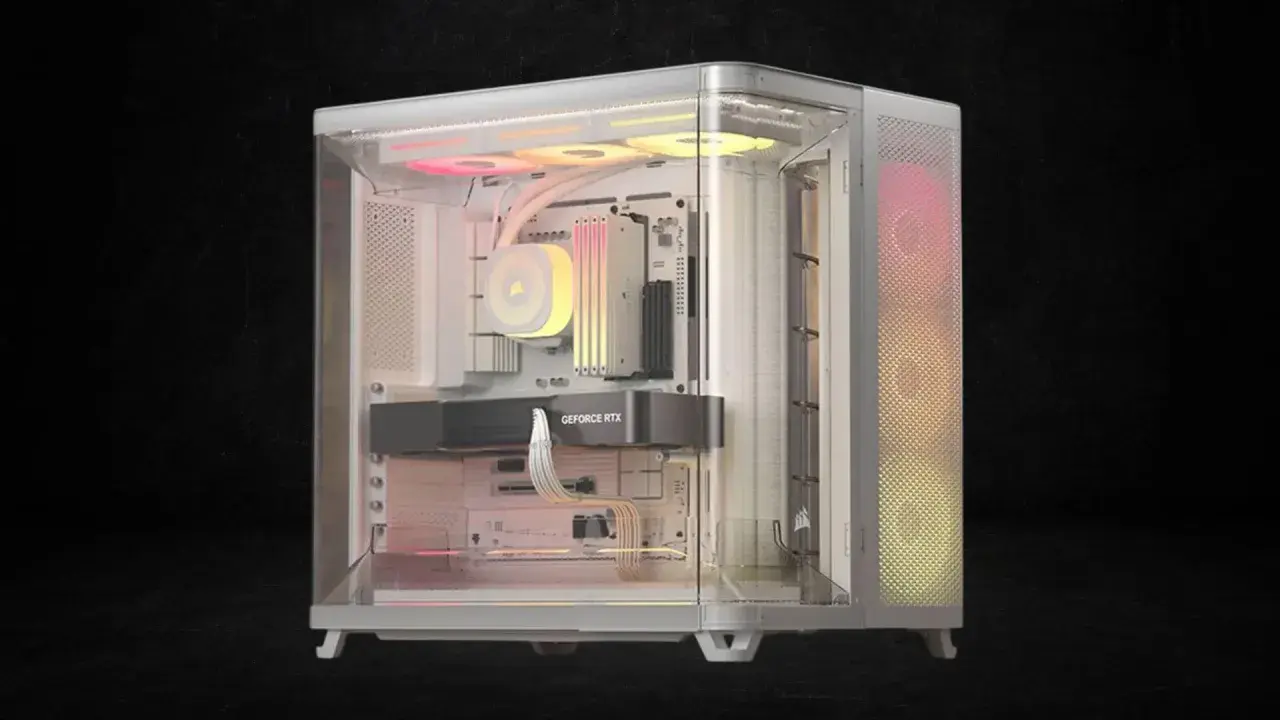 Ein moderner PC-Gehäuse mit RGB-Beleuchtung, bereit für den PC hardware test. Innen sind eine Grafikkarte und Lüfter sichtbar.