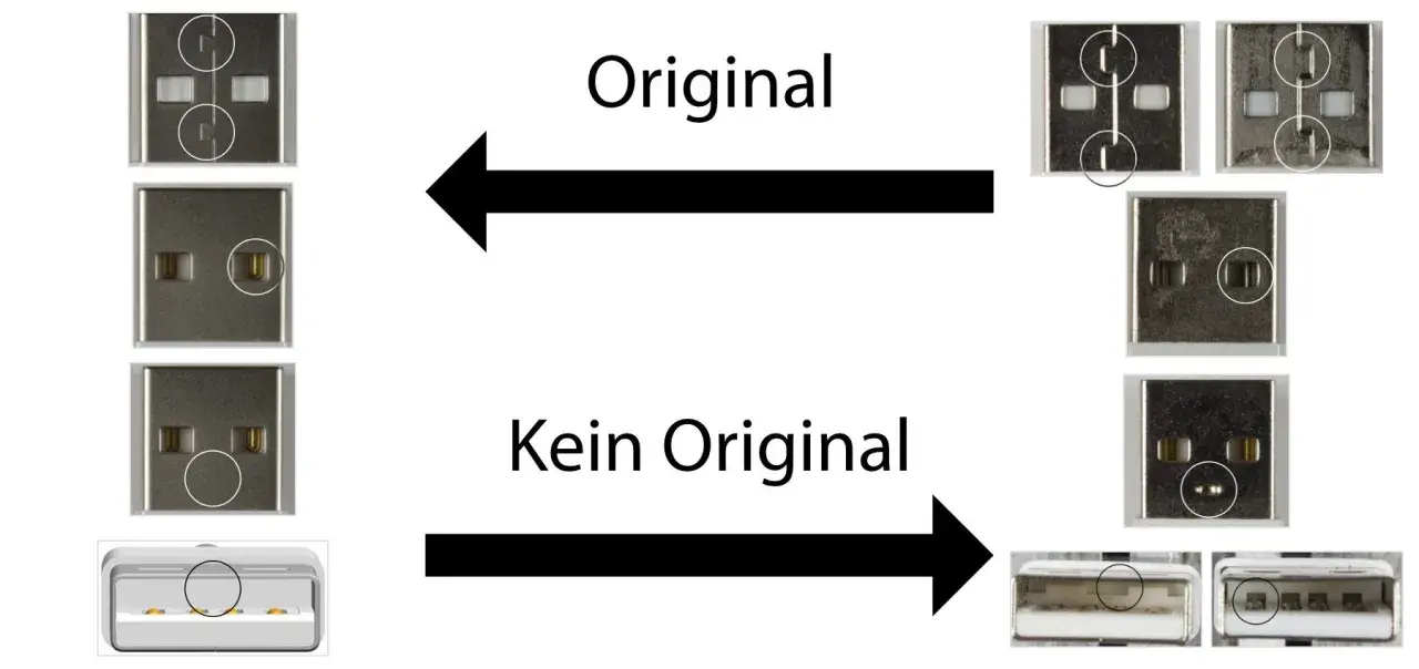 Vergleich von USB-Anschlüssen: Original vs. Kein Original. Hilft, das Kabel richtig zu identifizieren.