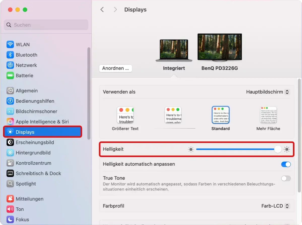 Einstellungen für die Helligkeit des Bildschirms. Der Regler erlaubt das Anpassen der Helligkeit, um das Bild besser zu sehen.