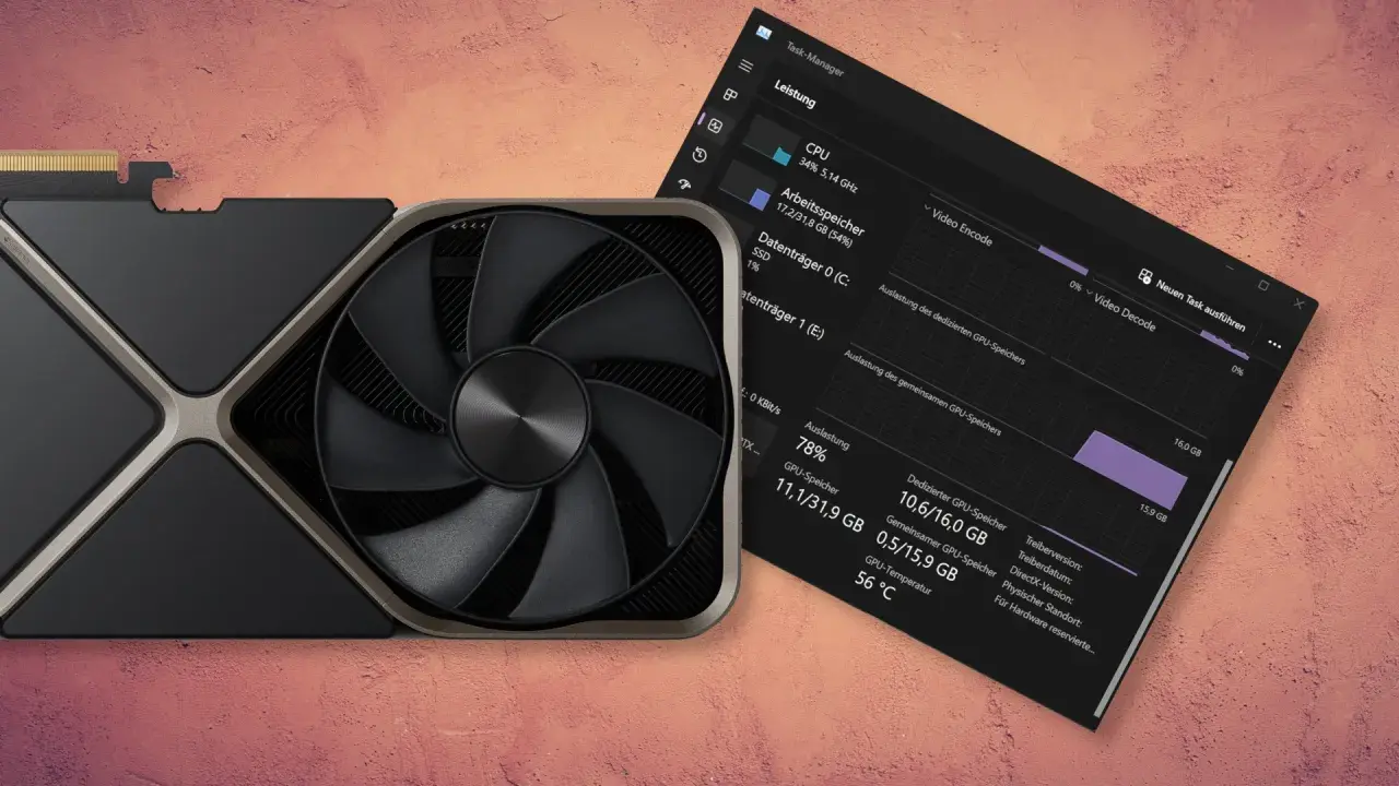Grafikkarte mit Lüfter und Task-Manager, der die GPU-Temperatur von 56 °C anzeigt.