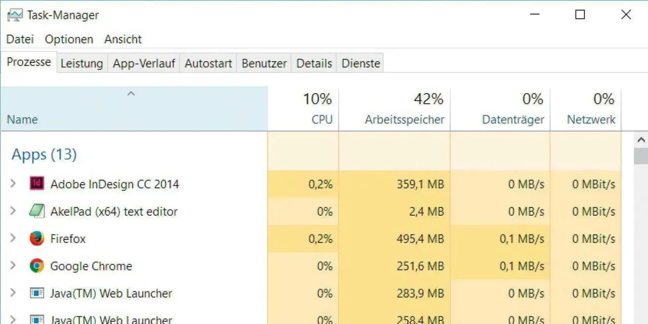 Der Task-Manager von Windows zeigt laufende Apps wie Firefox und Chrome an, mit Details zu CPU- und Speichernutzung.