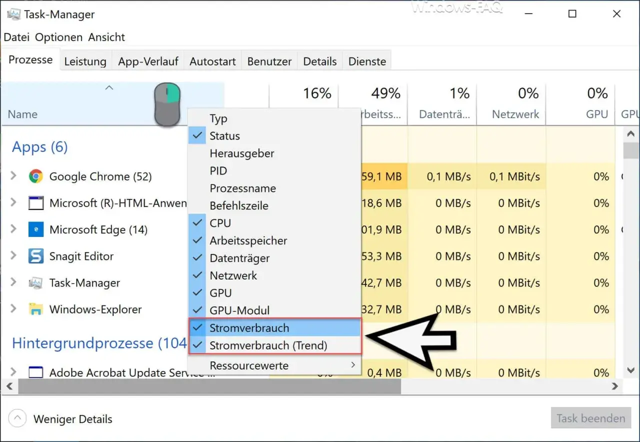 Im Task-Manager wird der Stromverbrauch von Apps angezeigt. So kannst du den pc stromverbrauch berechnen.