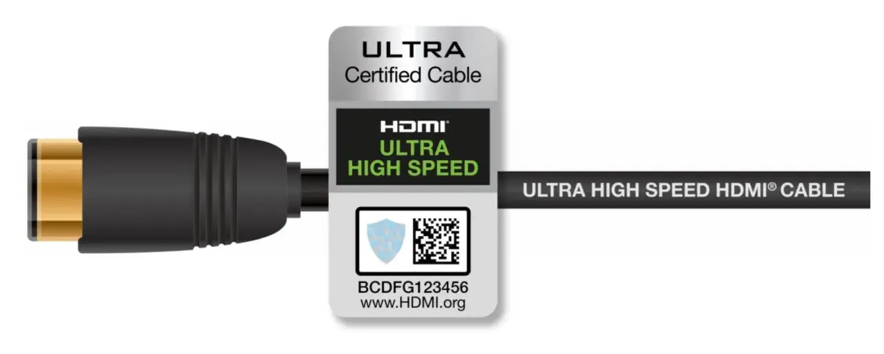 Ein HDMI-Kabel mit dem Label "ULTRA HIGH SPEED" und dem Hinweis "was ist HDMI 2.1".