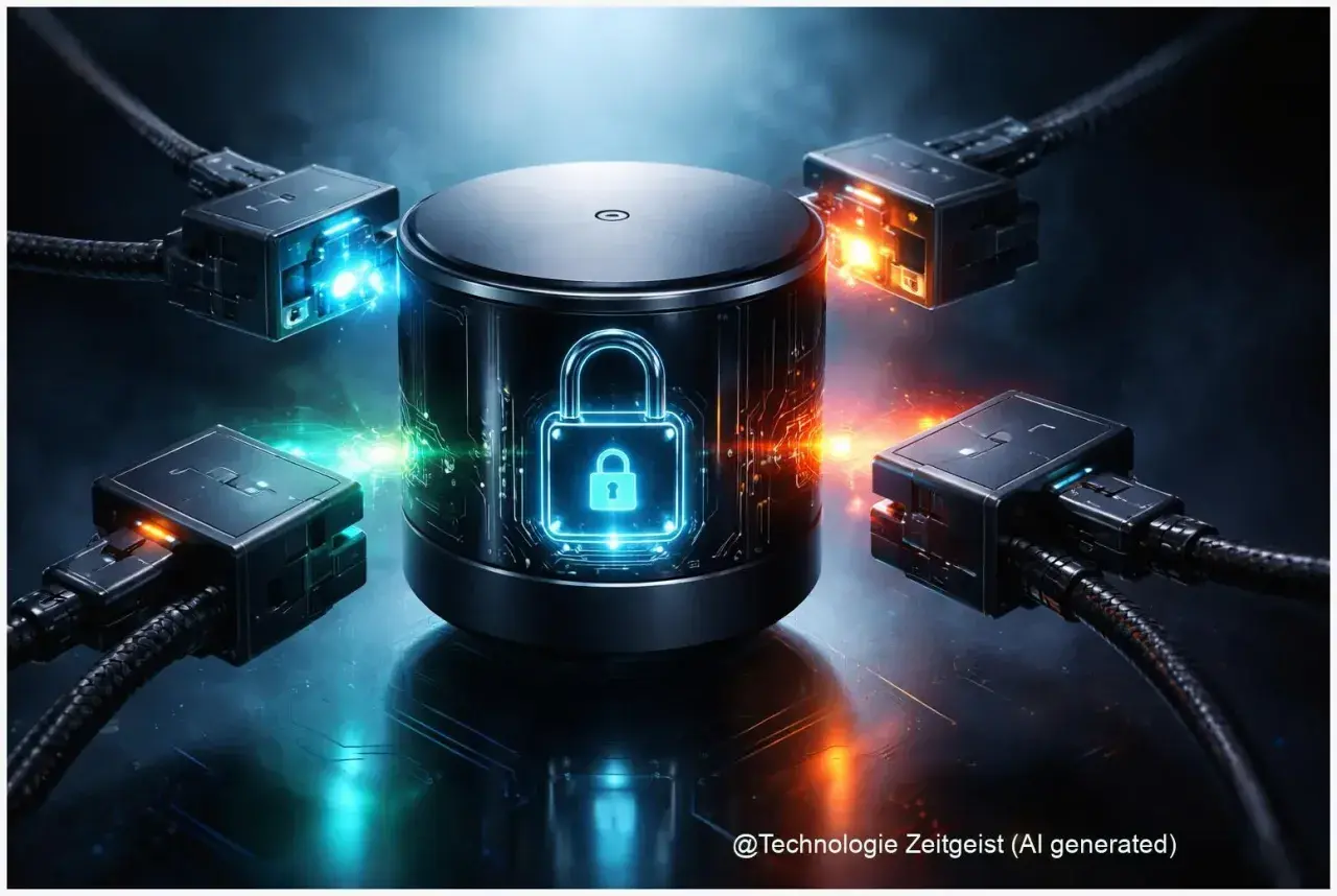 Zentrales Gerät mit leuchtendem Schloss-Symbol, verbunden mit mehreren Kabeln. Ein Symbol für smart home neuheiten und Datensicherheit.