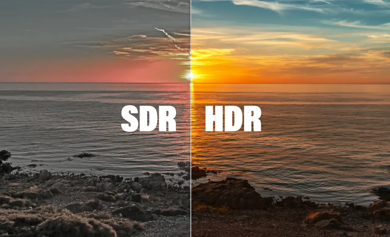 Sonnenuntergang am Meer: links SDR, rechts HDR. Die HDR-Version zeigt lebendigere Farben und mehr Details.