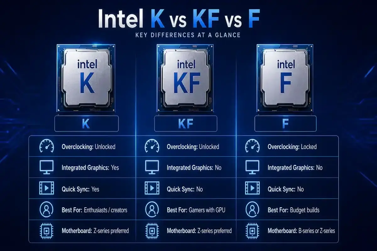 Vergleich von Intel K, KF und F Prozessoren: K und KF sind übertaktbar, F nicht. K hat integrierte Grafik, KF und F nicht. K für Enthusiasten, KF für Gamer, F für Budget-Builds.