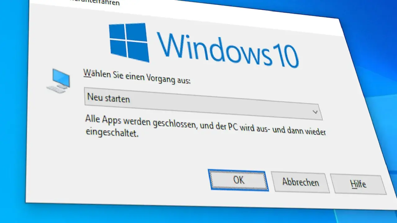 Windows 10 Dialogfeld: "Neu starten" auswählen, um den PC neu aufzusetzen. Alle Apps werden geschlossen.