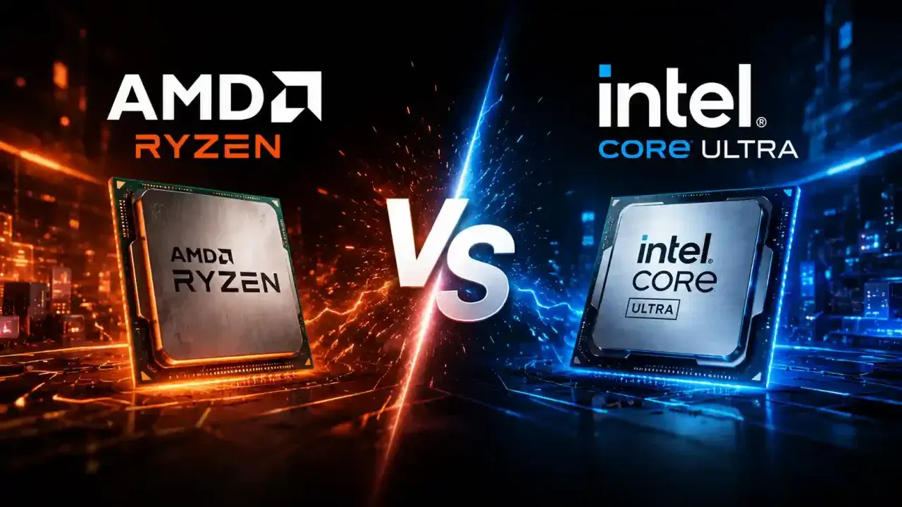 AMD Ryzen gegen Intel Core Ultra: Zwei Prozessoren im Duell, beleuchtet von feurigem Orange und kühlem Blau.