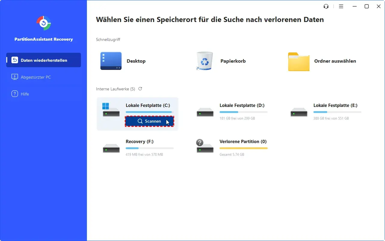 Hier suche ich, wo ich Screenshots finden kann. Die Software zeigt Laufwerke an, um Daten wiederherzustellen.
