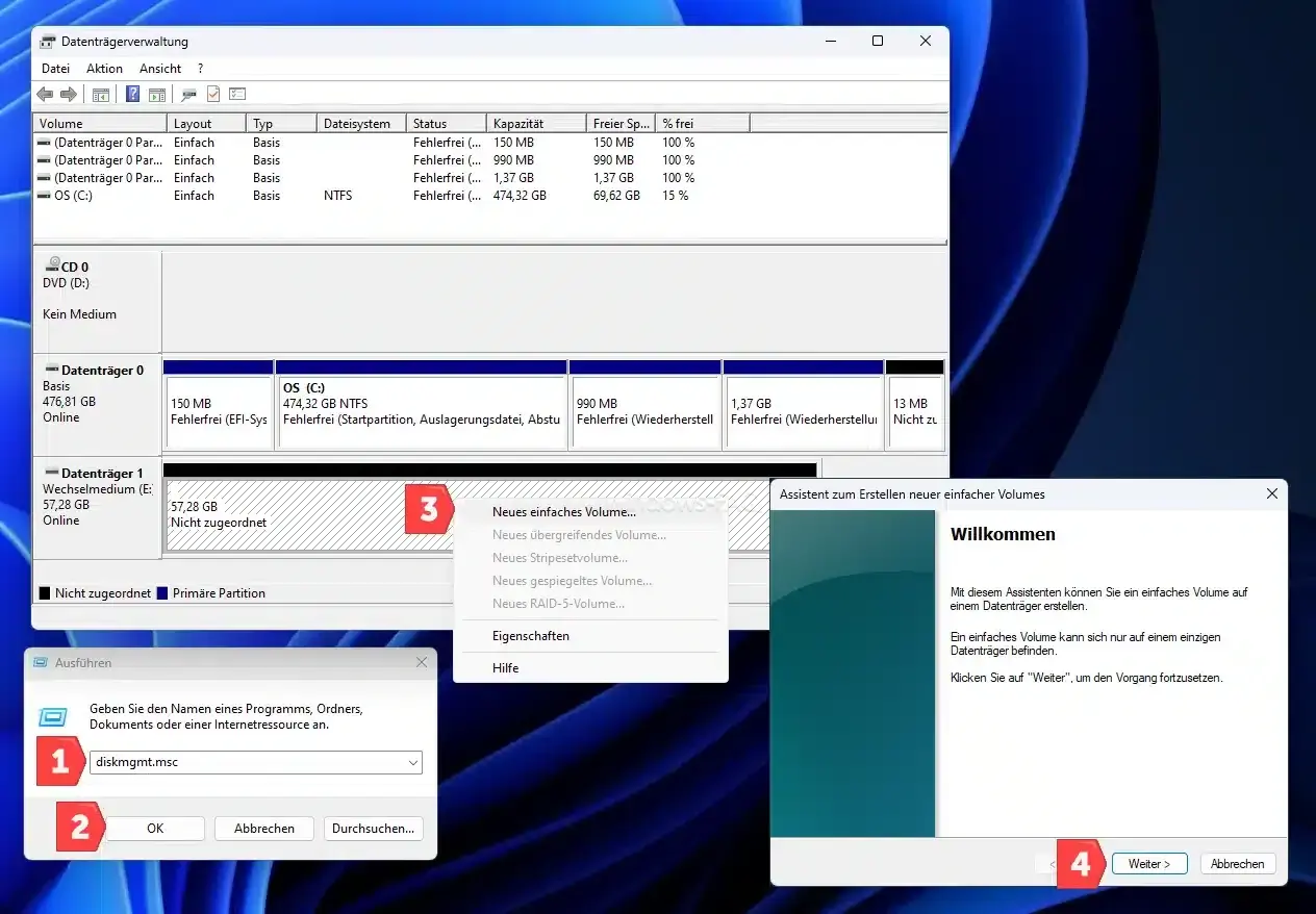 Datenträgerverwaltung zeigt, wie man einen USB-Stick formatiert, welches Format am besten geeignet ist. Der Assistent zum Erstellen neuer einfacher Volumes wird gestartet.