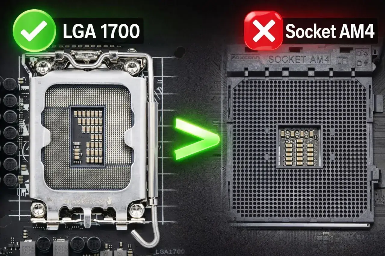 LGA 1700 Sockel mit Häkchen, daneben der Sockel AM4 mit Kreuz. Der neue Sockel ist besser.
