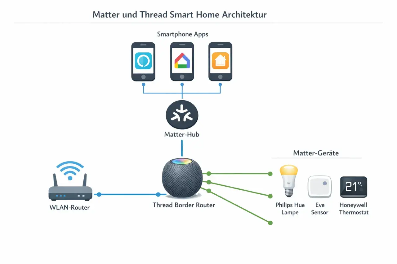 Schema der Matter und Thread Smart Home Architektur. Zeigt, wie Smartphone-Apps, ein Matter-Hub und ein Thread Border Router mit WLAN-Router und Matter-Geräten wie Lampen und Thermostaten verbunden sind.