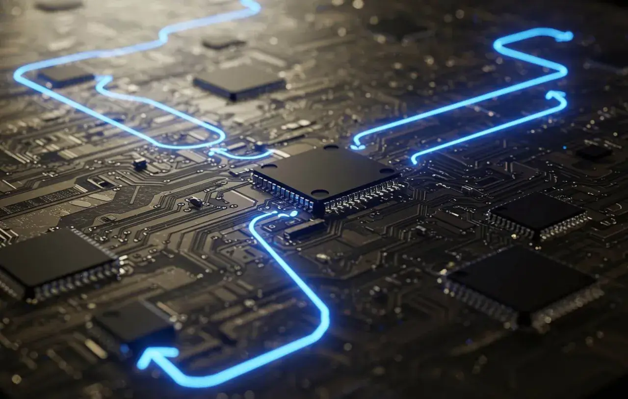 Leuchtende blaue Linien verbinden Prozessoren auf einer dunklen Platine, die an ein **mini ATX**-System erinnert.