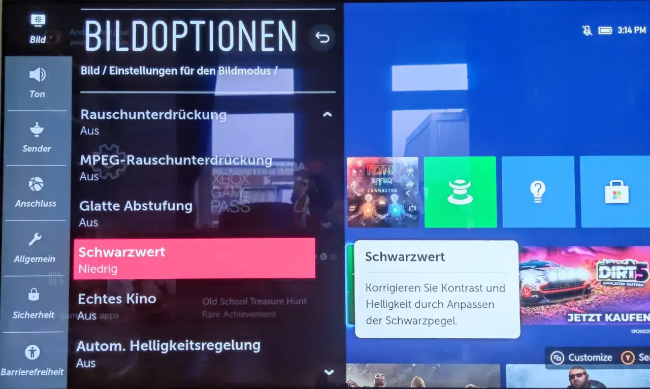 LG Bildoptionen: Schwarzwert auf Niedrig eingestellt. Möchten Sie den LG Instant Game Response ausschalten, um die Bildqualität zu optimieren?
