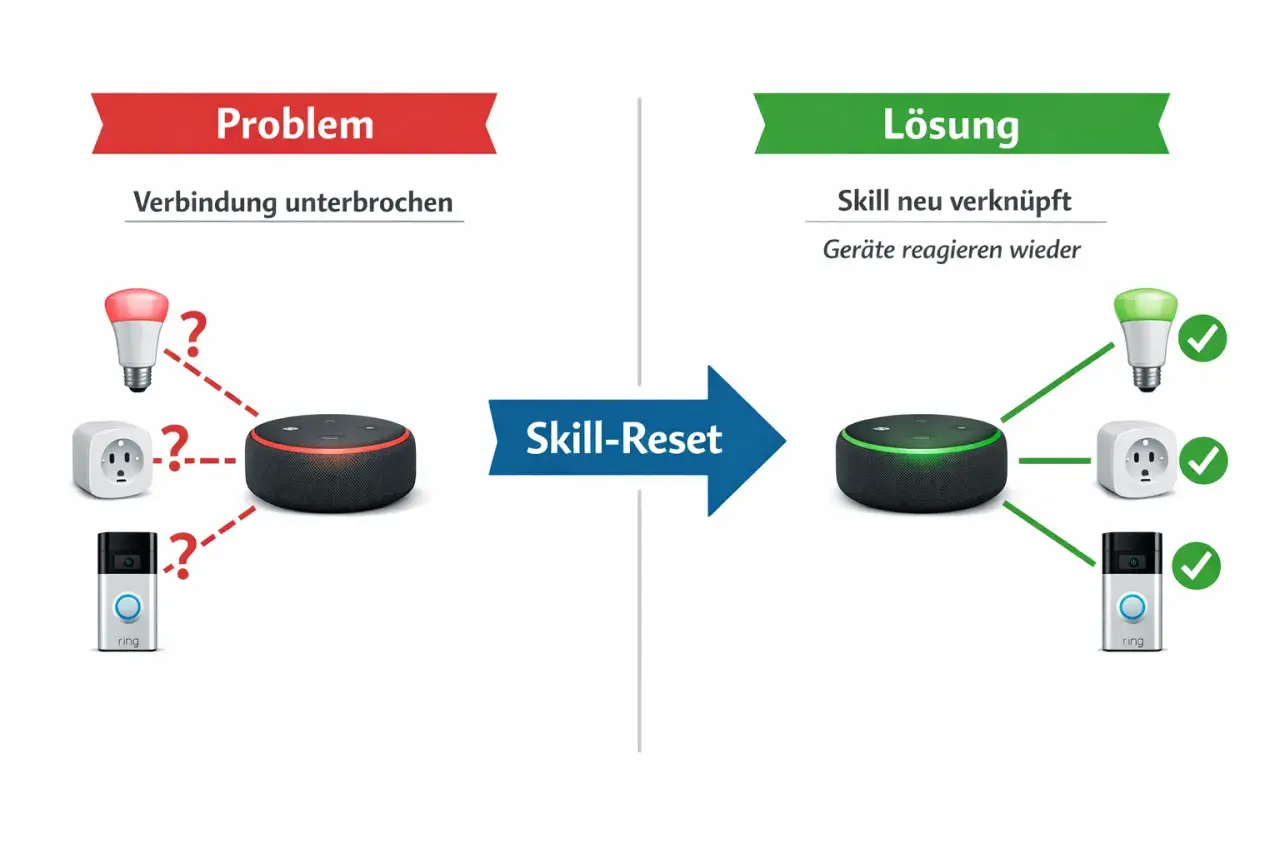 Problem: Alexa reagiert nicht, Verbindung unterbrochen. Lösung: Skill-Reset, Geräte reagieren wieder.