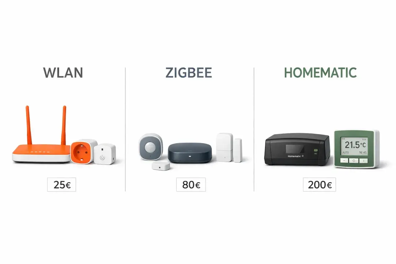 Vergleich von WLAN, Zigbee und Homematic Smart-Home-Geräten. Zigbee-Sensoren und -Hub für 80€, WLAN-Steckdosen für 25€.