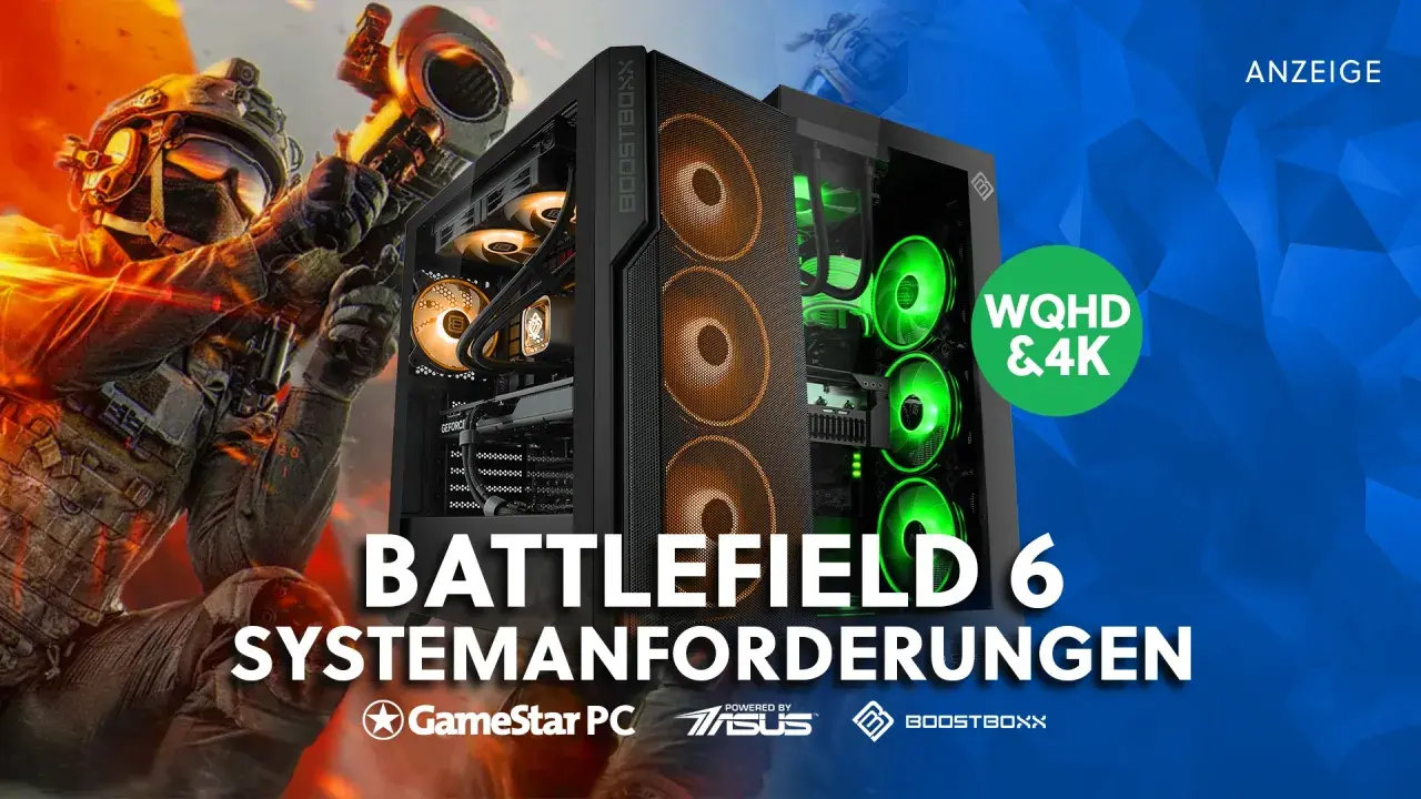 Gaming-PC mit grünen Lüftern, bereit für Battlefield 6 Systemanforderungen in WQHD & 4K.