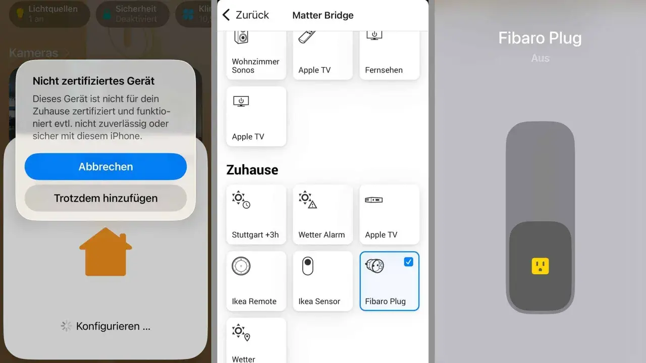 Ein nicht zertifiziertes Gerät wird für das Zuhause konfiguriert. Der Fibaro Plug ist ausgewählt.